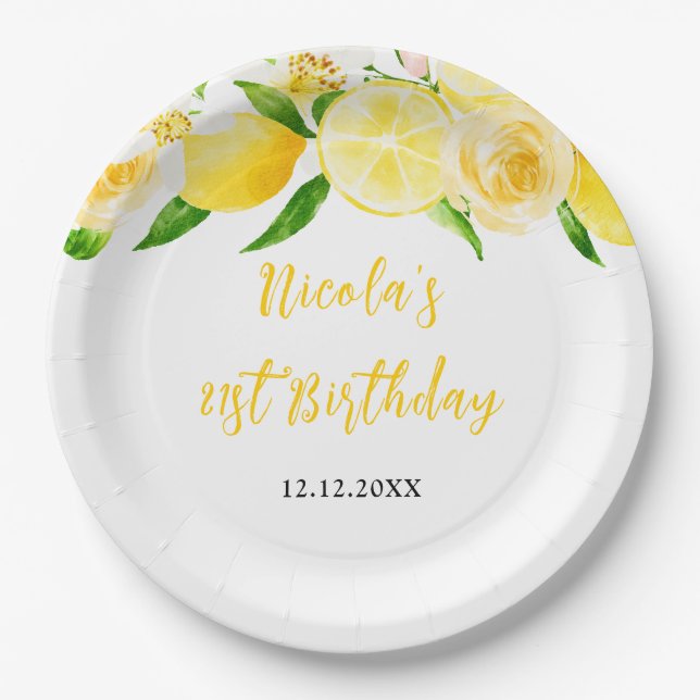 Lemons and Foliage Birthday Paper Plate (Front)
