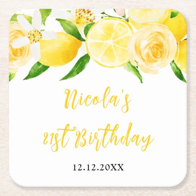 Lemons and Foliage Birthday Square Paper Coaster (Front)