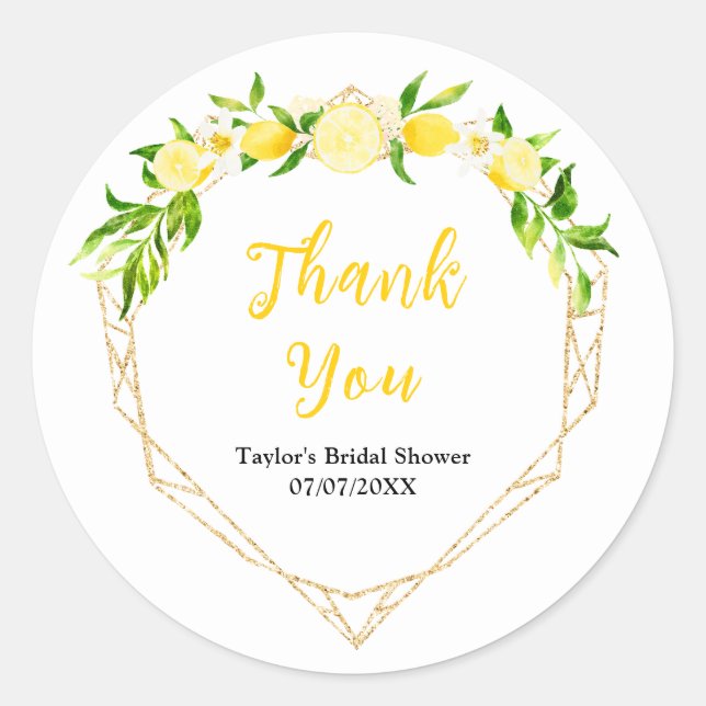 Lemons and Foliage Bridal Shower Thank You Classic Round Sticker (Front)