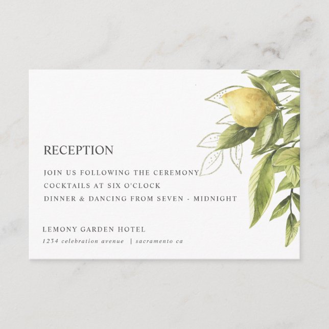 Lemons  and Foliage Grey Chic  WEDDING RECEPTION Enclosure Card (Front)