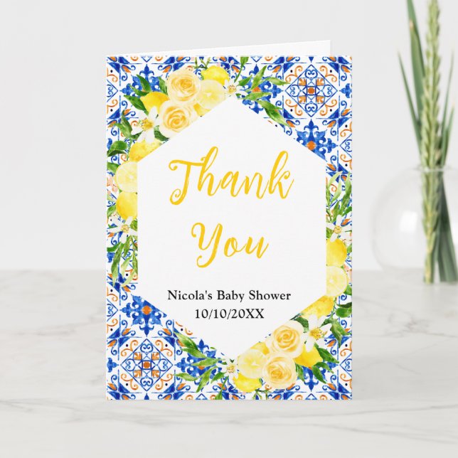 Lemons and Foliage Mediterranean Baby Shower Thank You Card (Front)