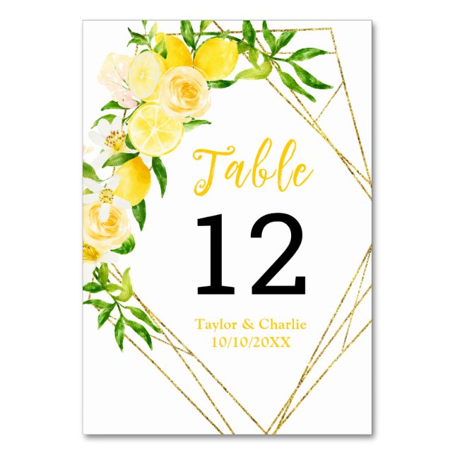 Lemons and Foliage Wedding Table Number (Front)