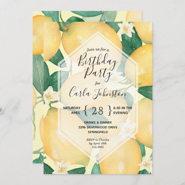 Lemons and Greenery Birthday Party Invitations (Front/Back)