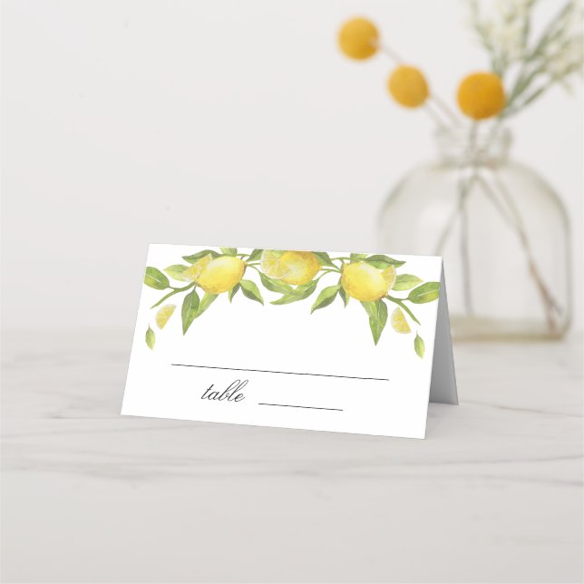 Lemons and Greenery Blossom Wedding Place Card (Front)