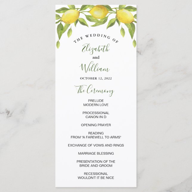 Lemons and Greenery Watercolor Wedding Ceremony Program (Front)