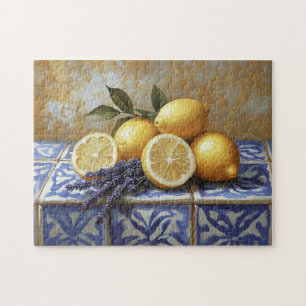 Lemons and Lavender Blue Tile Still Life Jigsaw Puzzle