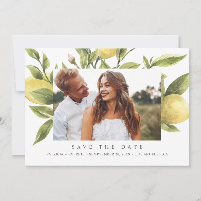 Lemons and leaves Boho Wedding Photo save the date Announcement (Front)