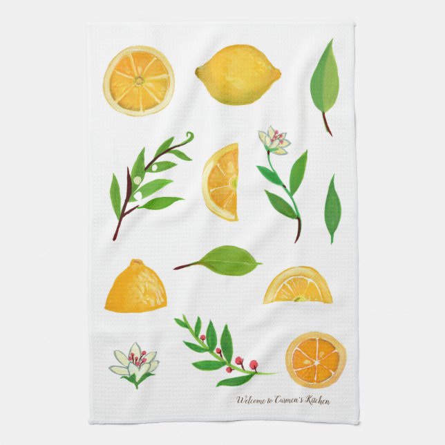 Lemons and Leaves Customisable Kitchen Towel (Vertical)
