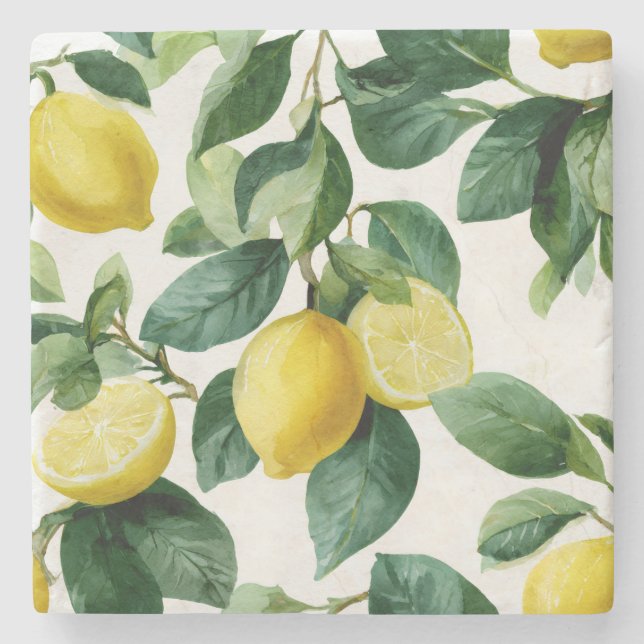 Lemons and Leaves Decorative Stone Coaster (Front)