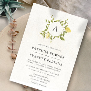 Lemons and leaves Monogram Watercolor Wedding Invitation