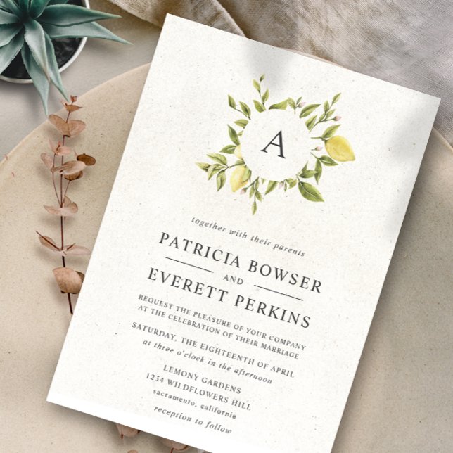 Lemons and leaves | Monogram Watercolor Wedding Invitation (Creator Uploaded)