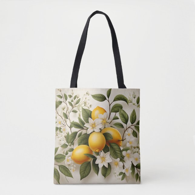 Lemons And Leaves Pattern Fresh Summer Citrus Tote Bag (Front)