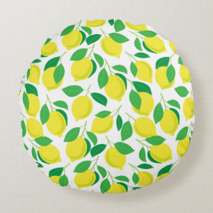 Lemons and leaves pattern round cushion