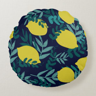 Lemons and leaves pattern round cushion