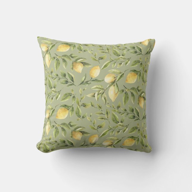 Lemons and Leaves | Sage Green | Bright summer Cushion (Front)