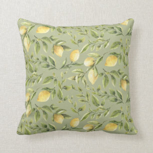 Lemons and Leaves Sage Green Bright summer Cushion