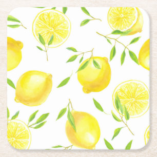 Lemons and leaves square paper coaster