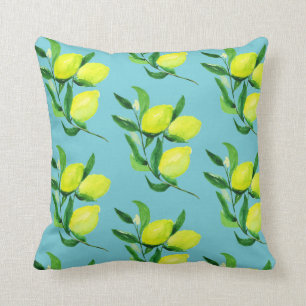 Lemons and Leaves   Turquoise Cushion