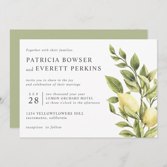 Lemons and leaves watercolor botanical wedding invitation (Front/Back)
