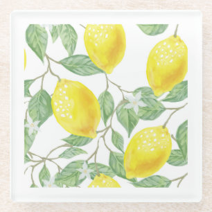 Lemons and Leaves Watercolor Glass Coaster