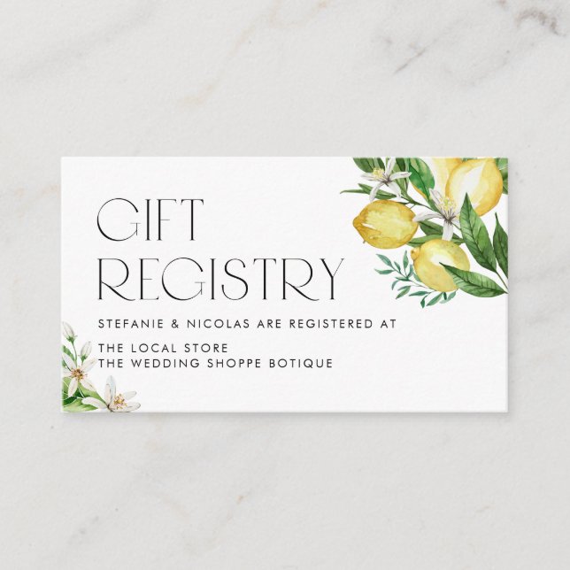 Lemons and Lemon Blossoms Wedding Gift Registry Enclosure Card (Front)