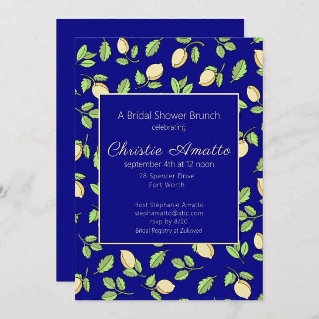 Lemons and Navy Blue Bridal Shower Invitation (Front/Back)