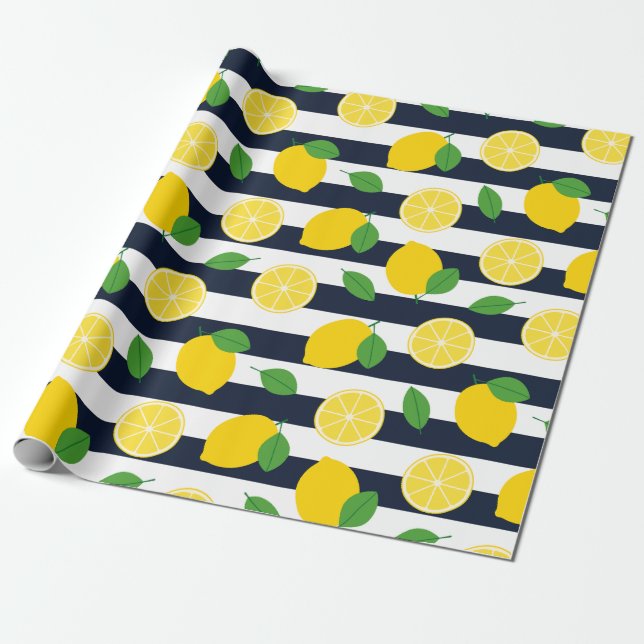 Lemons and Navy Blue stripe Wrapping Paper (Unrolled)
