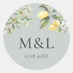 Lemons and Olives Nature Wedding Envelope Classic Round Sticker