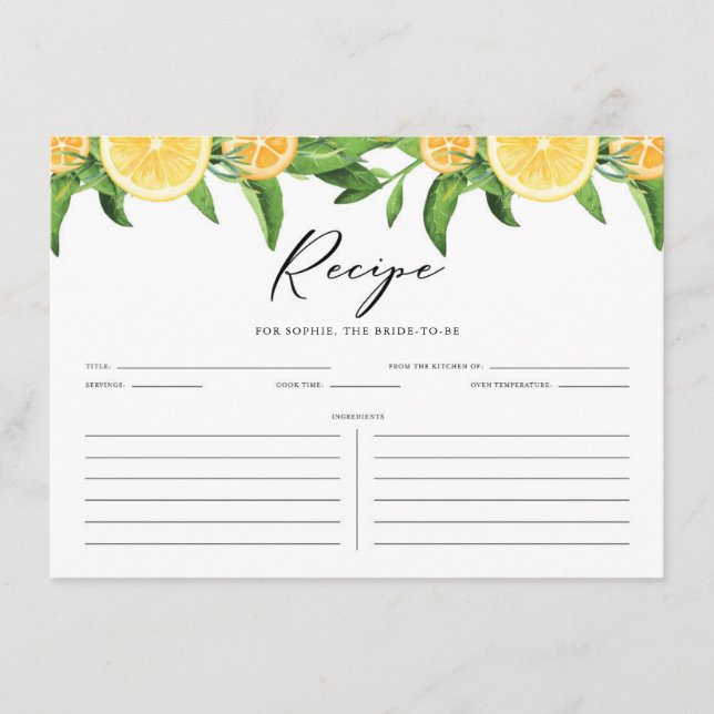 Lemons and Oranges Citrus Bridal Shower Recipe Enclosure Card (Front)