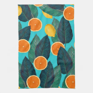 lemons and oranges teal tea towel