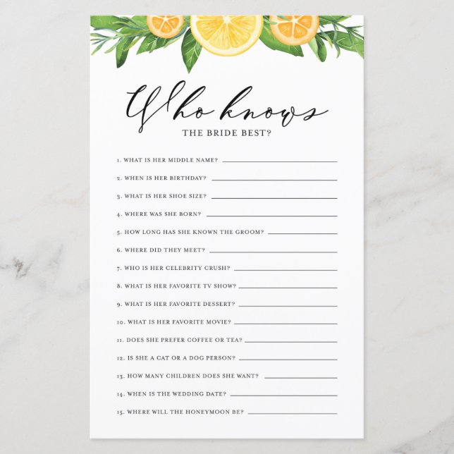 Lemons and Oranges Who Knows the Bride Best Game (Front)