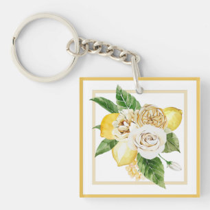 Lemons and roses in yellow frames key ring