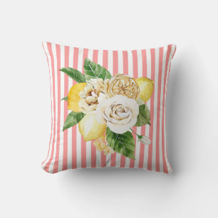 Lemons and roses on coral stripes cushion