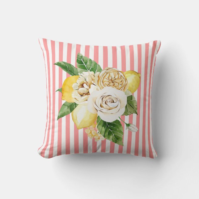 Lemons and roses on coral stripes cushion (Front)