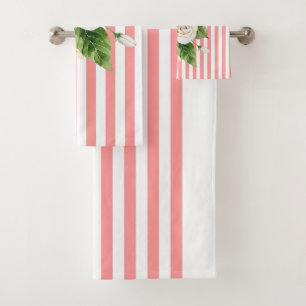 Lemons and roses on pink stripes bath towel set