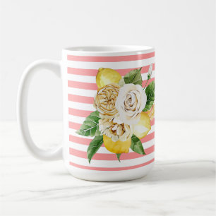 Lemons and roses on pink stripes coffee mug