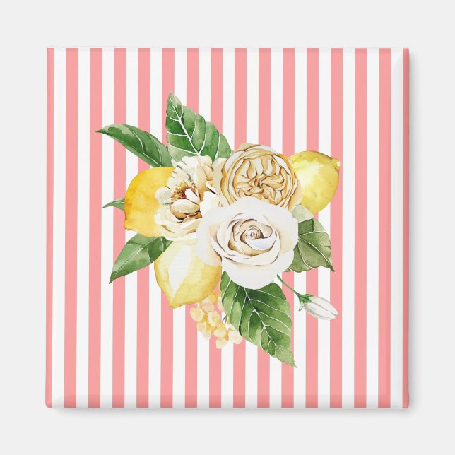 Lemons and roses on pink stripes magnet (Front)