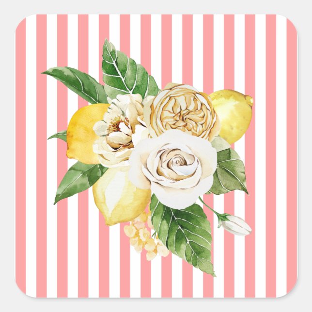 Lemons and roses on pink stripes square sticker (Front)