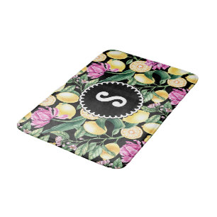 Lemons and Tulips Floral Pattern   Citrus Monogram Bath Mat