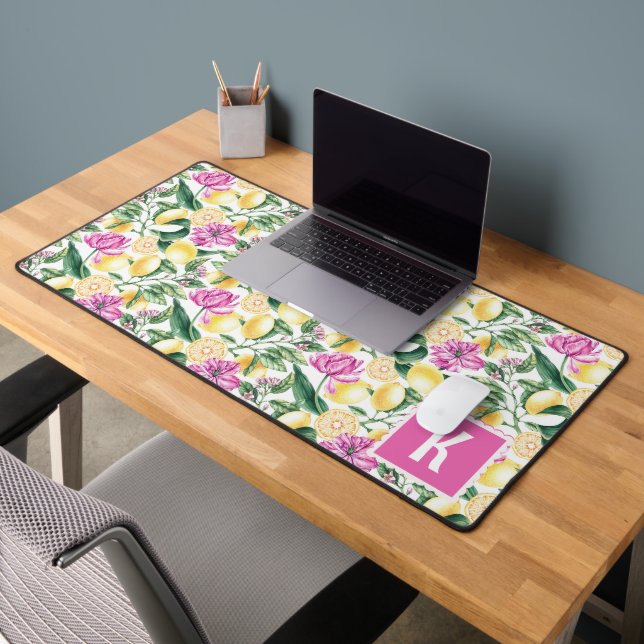 Lemons and Tulips Floral Pattern | Citrus Monogram Desk Mat (Office 2)