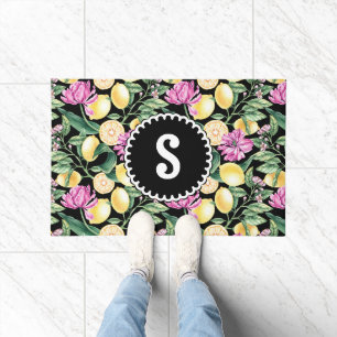 Lemons and Tulips Floral Pattern Citrus Monogram Doormat