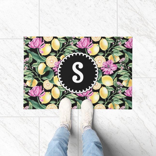 Lemons and Tulips Floral Pattern | Citrus Monogram Doormat (Indoor)
