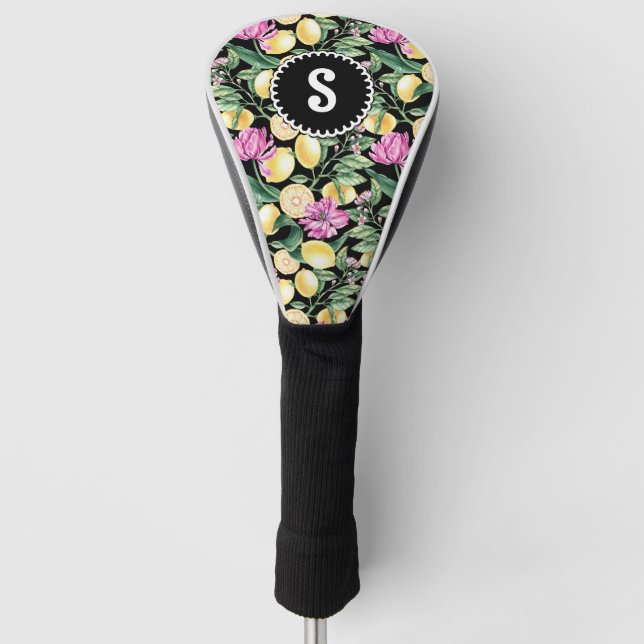 Lemons and Tulips Floral Pattern | Citrus Monogram Golf Head Cover (Front)