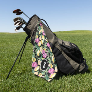 Lemons and Tulips Floral Pattern Citrus Monogram Golf Towel