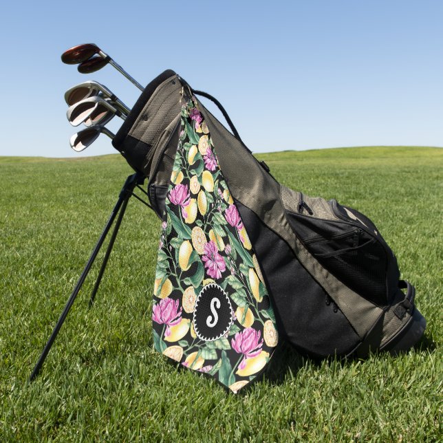 Lemons and Tulips Floral Pattern Citrus Monogram Golf Towel (Green)
