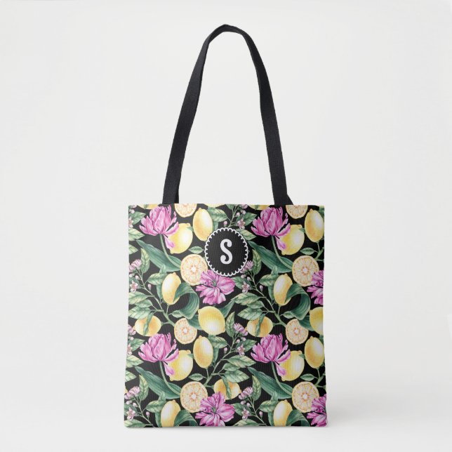 Lemons and Tulips Floral Pattern | Citrus Monogram Tote Bag (Front)