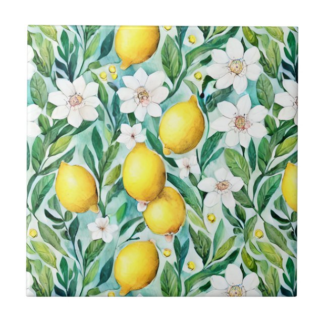 Lemons and White Flowers - French Country Decor Ceramic Tile (Front)