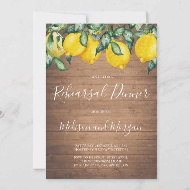 Lemons and wood Rehearsal Dinner invitation (Front)