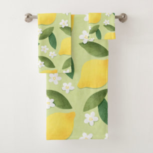Lemons ans White Flowers on Green Background Bath Towel Set