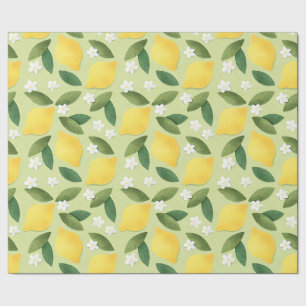 Lemons ans White Flowers on Green Background Wrapping Paper
